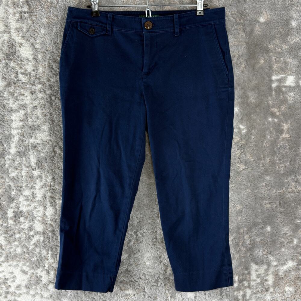 Lauren Ralph Lauren Petite‎ Size 10P Stretch Flat Front Ankle Pants Blue Button